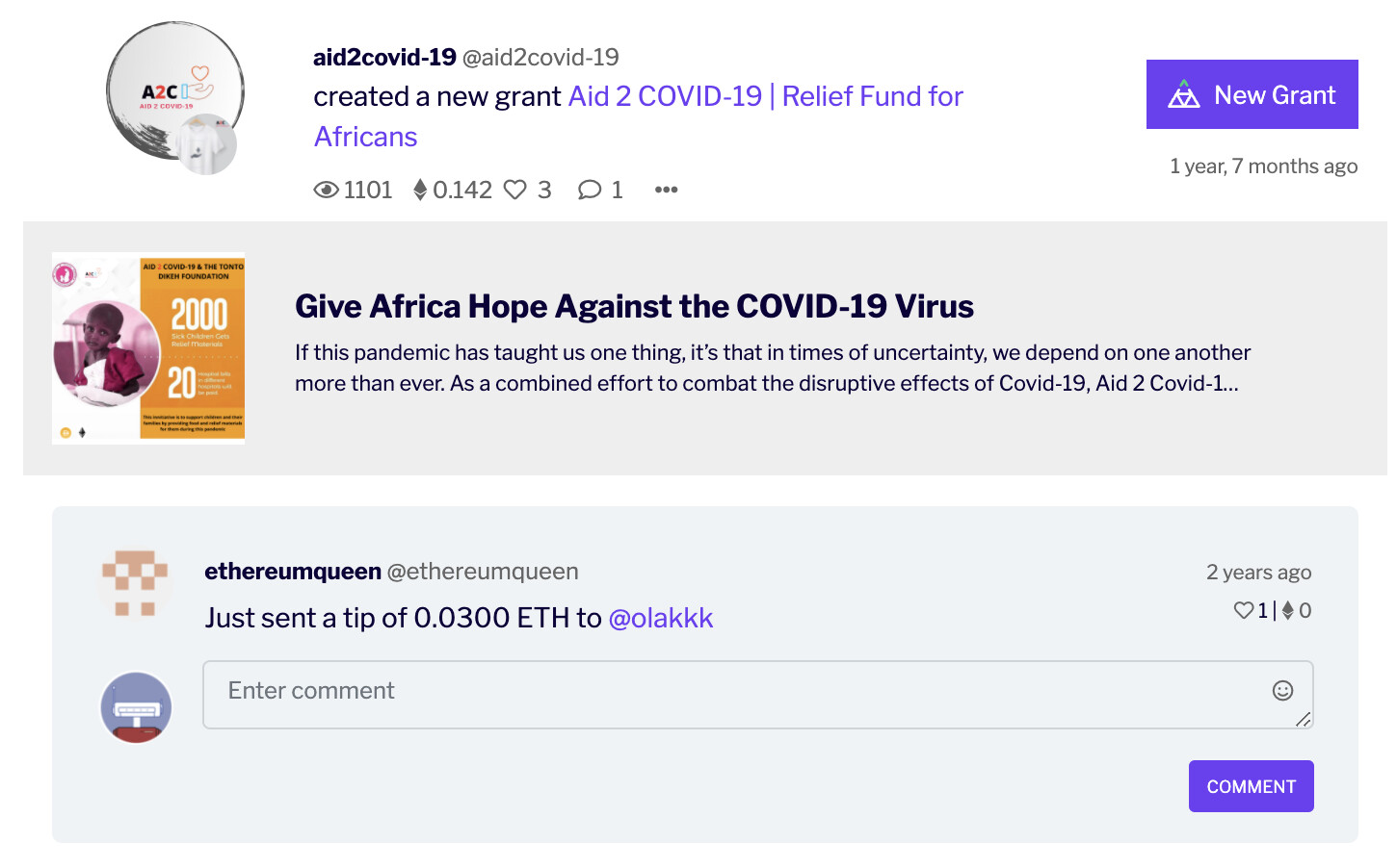 Example post that received tips on Gitcoin Townsquare